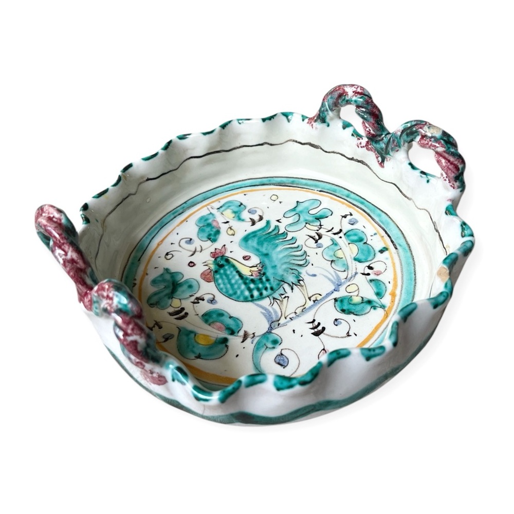 Deruta Majolica Orvieto Hand Painted Green Rooster Handled Bowl, Made in Italy